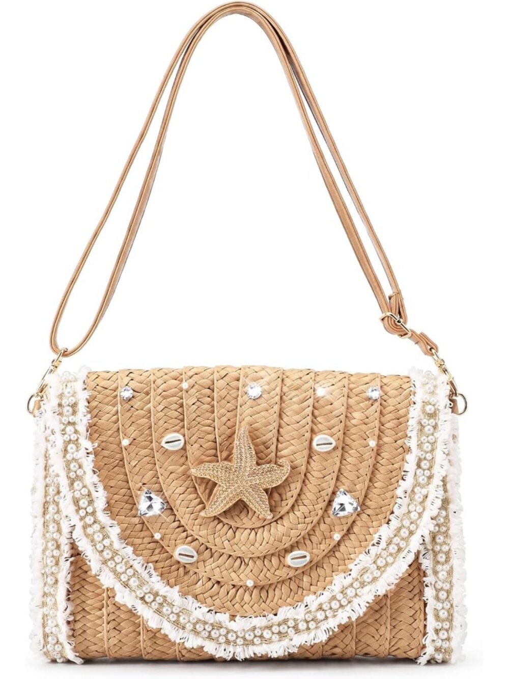 Women Crochet Woven Mesh Handbag Straw Seaside Beach Bag Vacation Summer Tote Pu